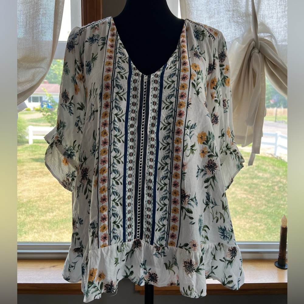 Boho Floral Ruffle Hem Women's Top - Cream with Yellow & Green